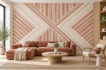 Geometrik Çizgili Poster Duvar Kağıdı Bej Terakota Banyo