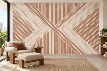 Geometrik Çizgili Poster Duvar Kağıdı Bej Terakota Banyo