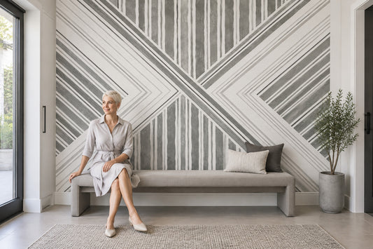 Gri Geometrik Çizgili Poster Duvar Kağıdı Modern Salon Duvarı