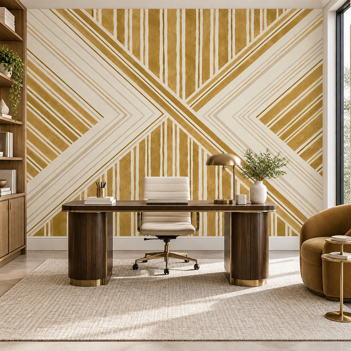Geometrik Çizgili Poster Duvar Kağıdı Altın Krem Salon