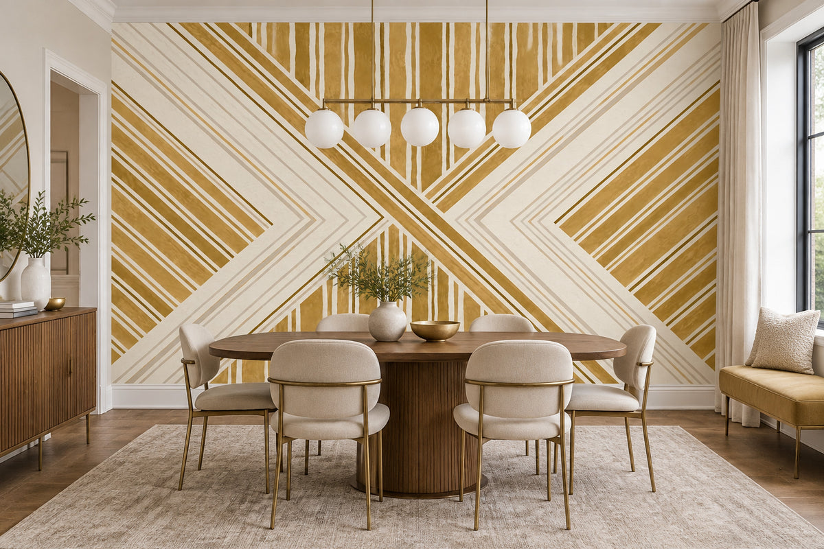 Geometrik Çizgili Poster Duvar Kağıdı Altın Krem Salon