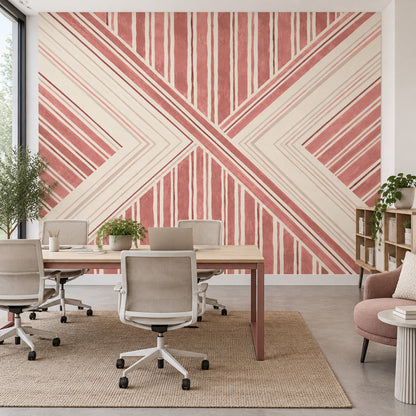 Geometrik Çizgili Poster Duvar Kağıdı Pudra Pembe Salon