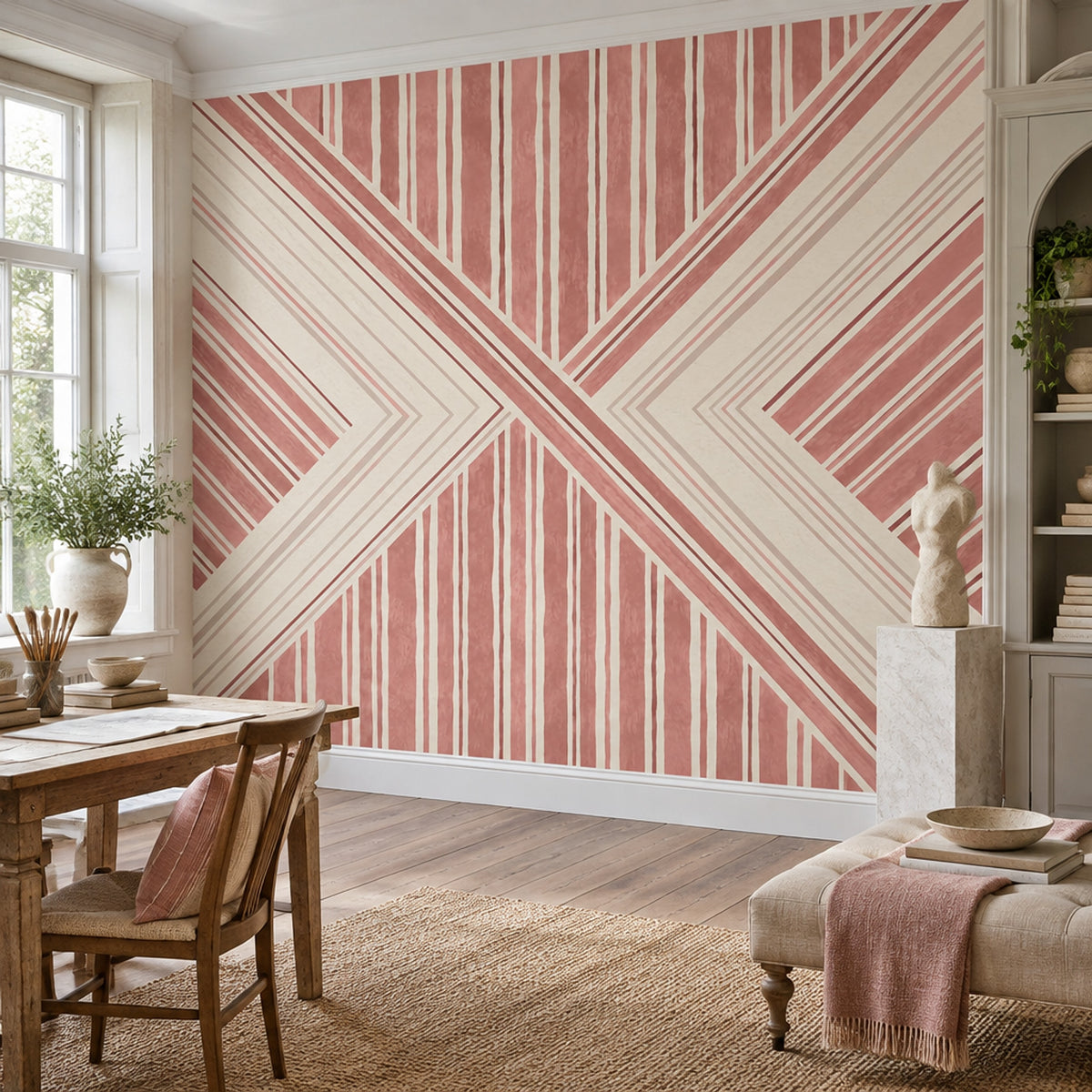Geometrik Çizgili Poster Duvar Kağıdı Pudra Pembe Salon