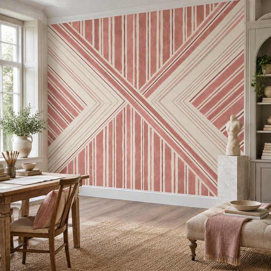 Geometrik Çizgili Poster Duvar Kağıdı Pudra Pembe Salon