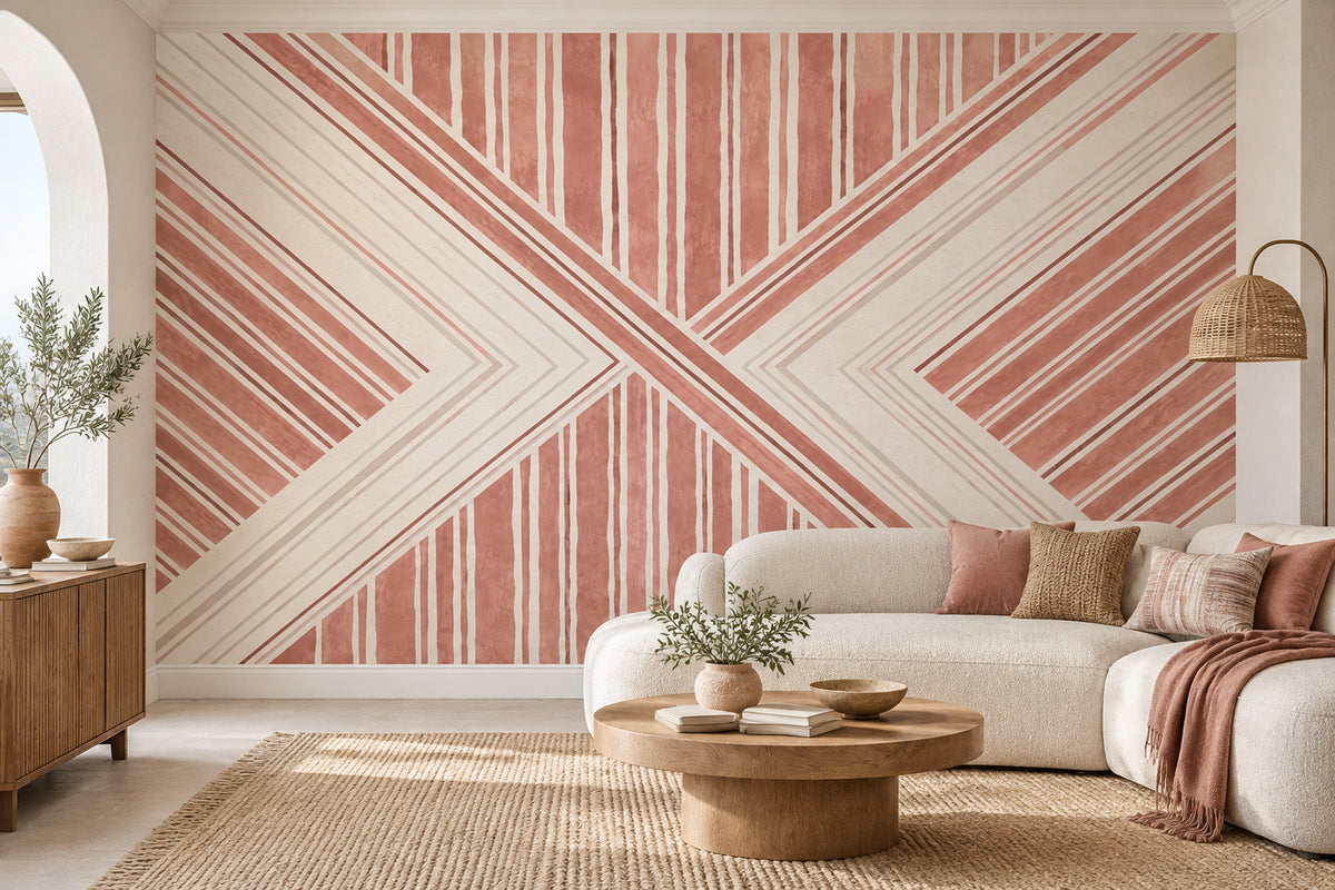 Geometrik Çizgili Poster Duvar Kağıdı Pudra Pembe Salon