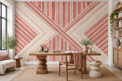 Geometrik Çizgili Poster Duvar Kağıdı Pudra Pembe Salon