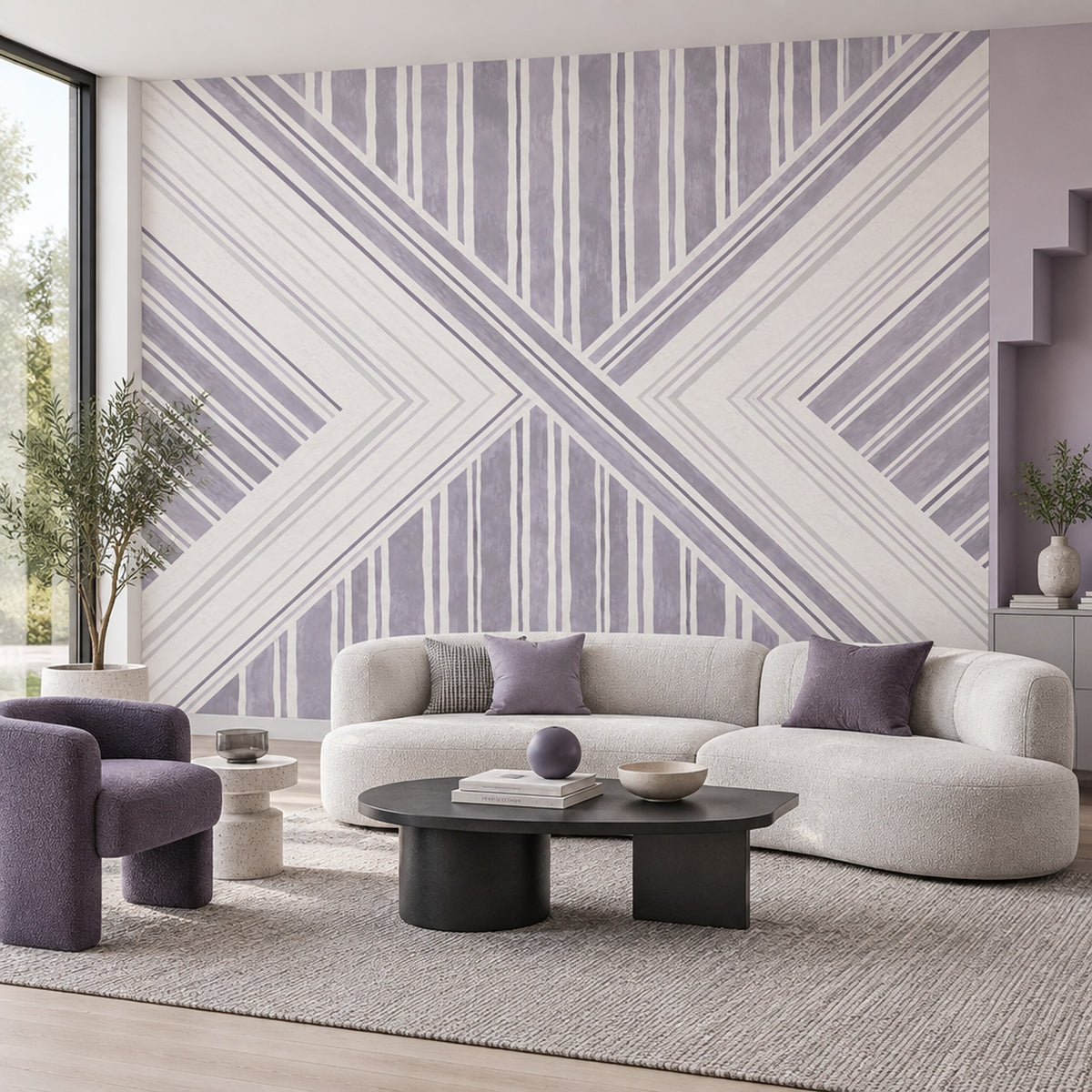 Geometrik Çizgili Poster Duvar Kağıdı Lila Beyaz Salon Dekoru