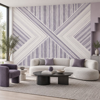 Geometrik Çizgili Poster Duvar Kağıdı Lila Beyaz Salon Dekoru