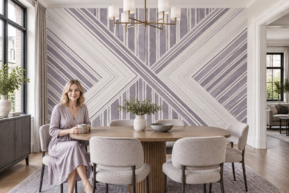 Geometrik Çizgili Poster Duvar Kağıdı Lila Beyaz Salon Dekoru