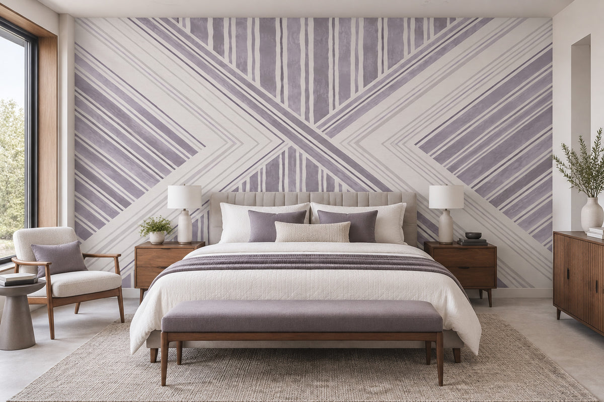 Geometrik Çizgili Poster Duvar Kağıdı Lila Beyaz Salon Dekoru