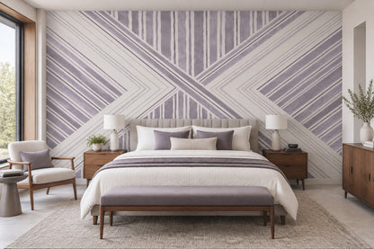 Geometrik Çizgili Poster Duvar Kağıdı Lila Beyaz Salon Dekoru