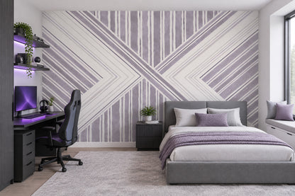 Geometrik Çizgili Poster Duvar Kağıdı Lila Beyaz Salon Dekoru