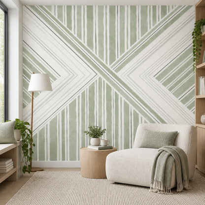 Geometrik Çizgili Poster Duvar Kağıdı Adaçayı Yeşili Salon