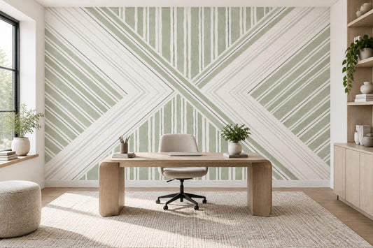 Geometrik Çizgili Poster Duvar Kağıdı Adaçayı Yeşili Salon