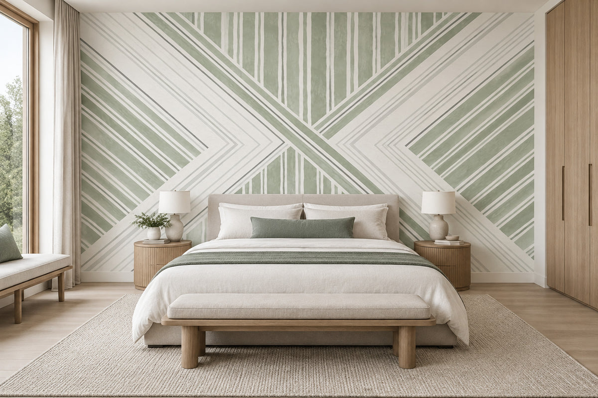 Geometrik Çizgili Poster Duvar Kağıdı Adaçayı Yeşili Salon