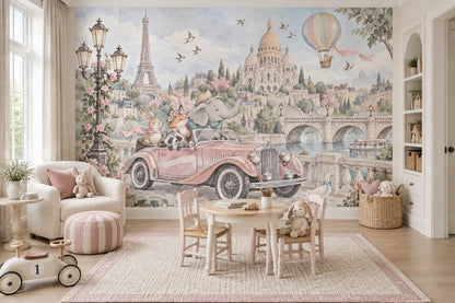 Paris Manzaralı Poster Duvar Kağıdı Pastel Çocuk Odası Desenli
