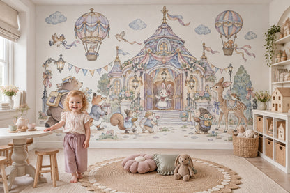 Pastel Hayvanlı Balonlu Poster Duvar Kağıdı Bebek Odası