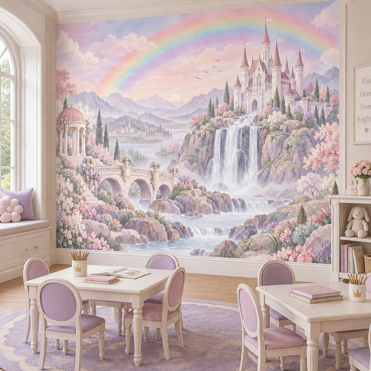 Gökkuşaklı Şato Manzarası Poster Duvar Kağıdı Pastel Çocuk Odası