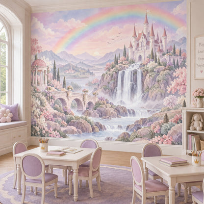 Gökkuşaklı Şato Manzarası Poster Duvar Kağıdı Pastel Çocuk Odası