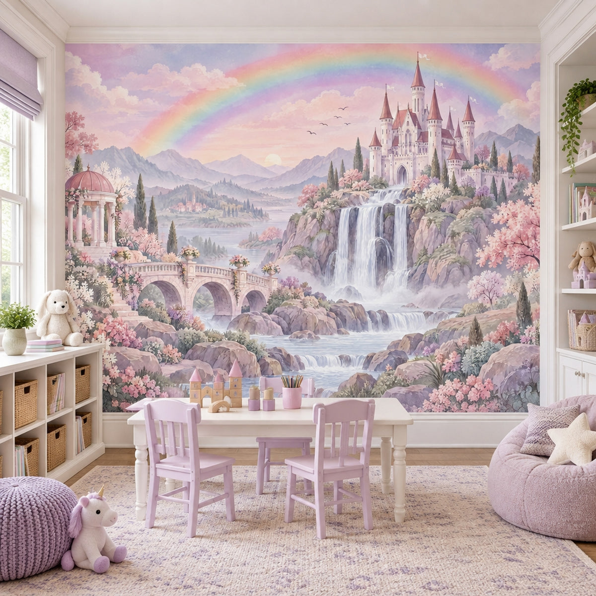 Gökkuşaklı Şato Manzarası Poster Duvar Kağıdı Pastel Çocuk Odası