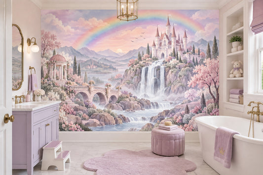 Gökkuşaklı Şato Manzarası Poster Duvar Kağıdı Pastel Çocuk Odası