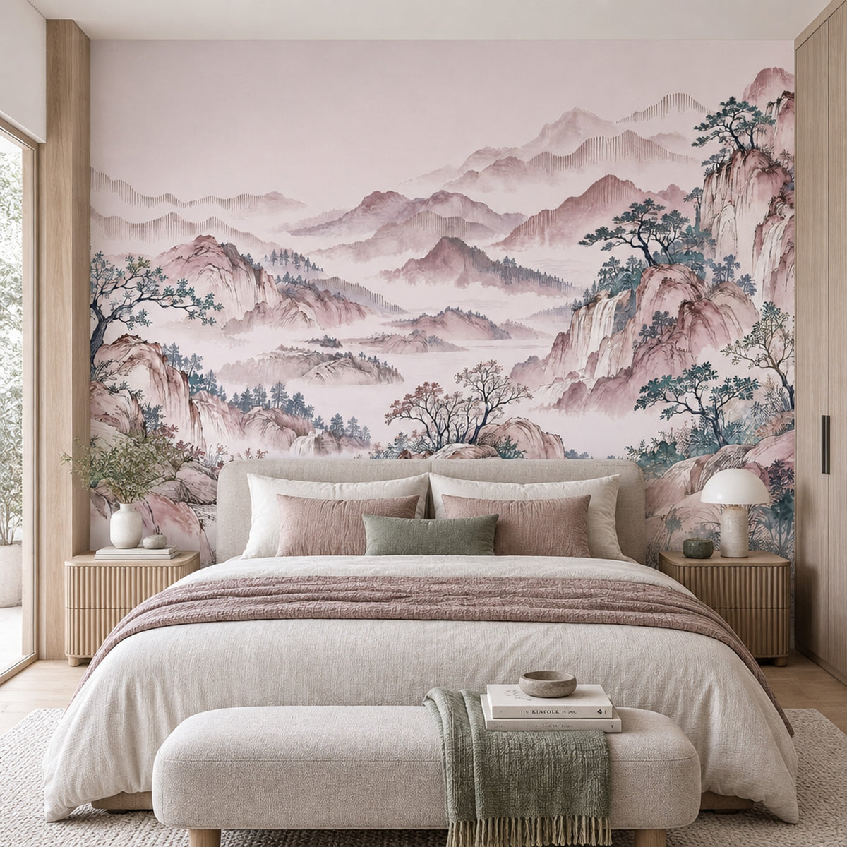 Sisli Dağ Manzaralı Poster Duvar Kağıdı Pastel Pembe Salon