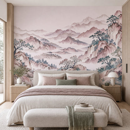 Sisli Dağ Manzaralı Poster Duvar Kağıdı Pastel Pembe Salon