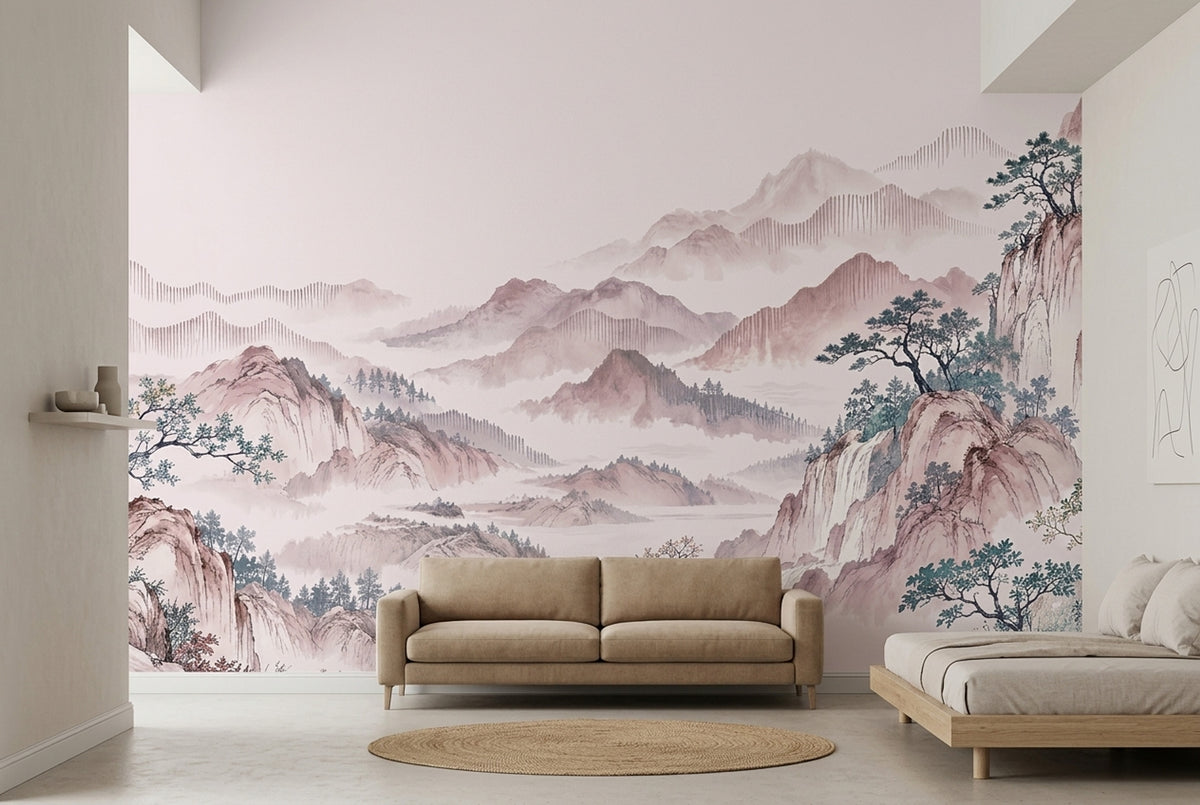 Sisli Dağ Manzaralı Poster Duvar Kağıdı Pastel Pembe Salon