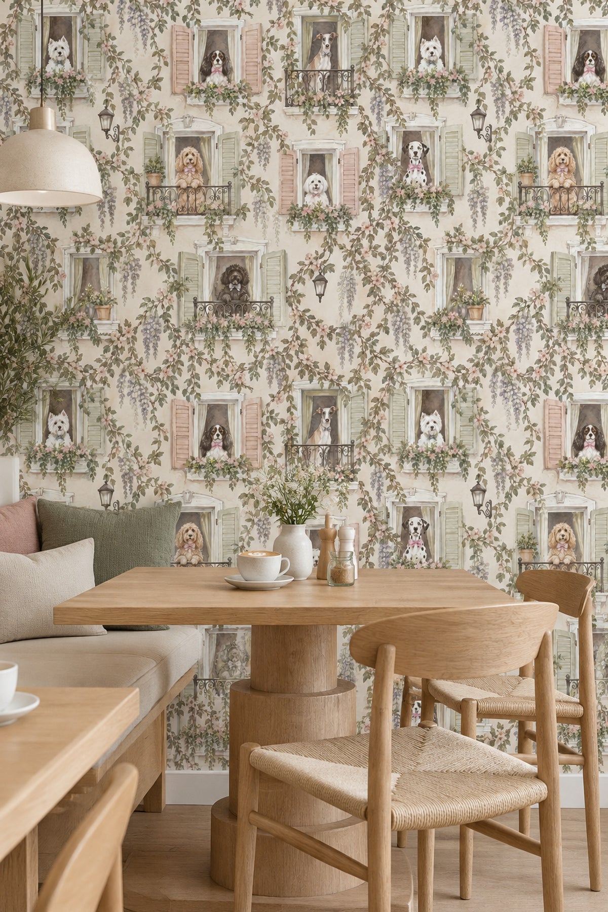 Köpekli Balkon Pencereli Duvar Kağıdı Pastel Vintage Desen
