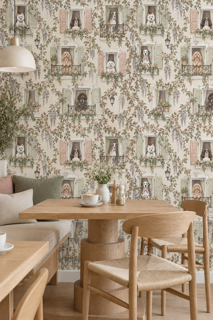 Köpekli Balkon Pencereli Duvar Kağıdı Pastel Vintage Desen