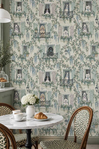 Pencereli Köpekli Duvar Kağıdı Pastel Yeşil Vintage Desen