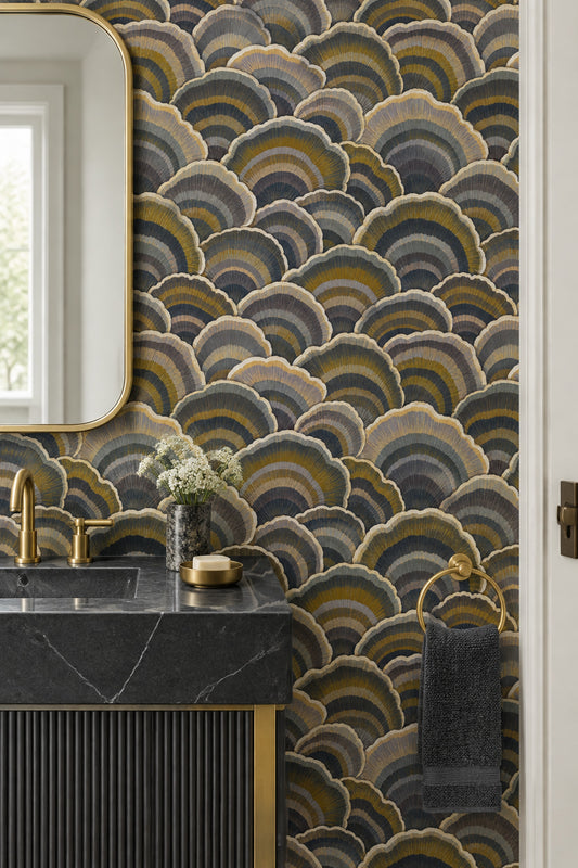 Art Deco Yelpaze Desenli Duvar Kağıdı Antrasit Altın Banyo
