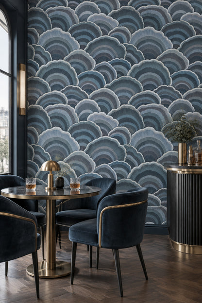 Yelpaze Desenli Duvar Kağıdı Mavi Gri Art Deco