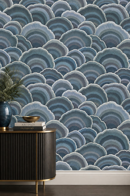 Yelpaze Desenli Duvar Kağıdı Mavi Gri Art Deco