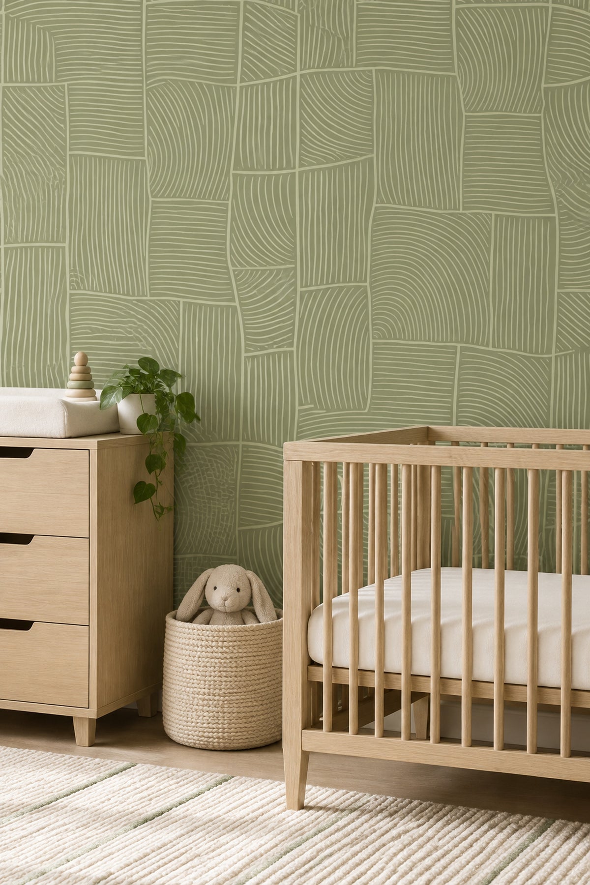 Geometrik Çizgili Duvar Kağıdı Zeytin Yeşili Modern Salon