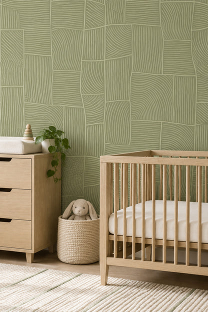 Geometrik Çizgili Duvar Kağıdı Zeytin Yeşili Modern Salon