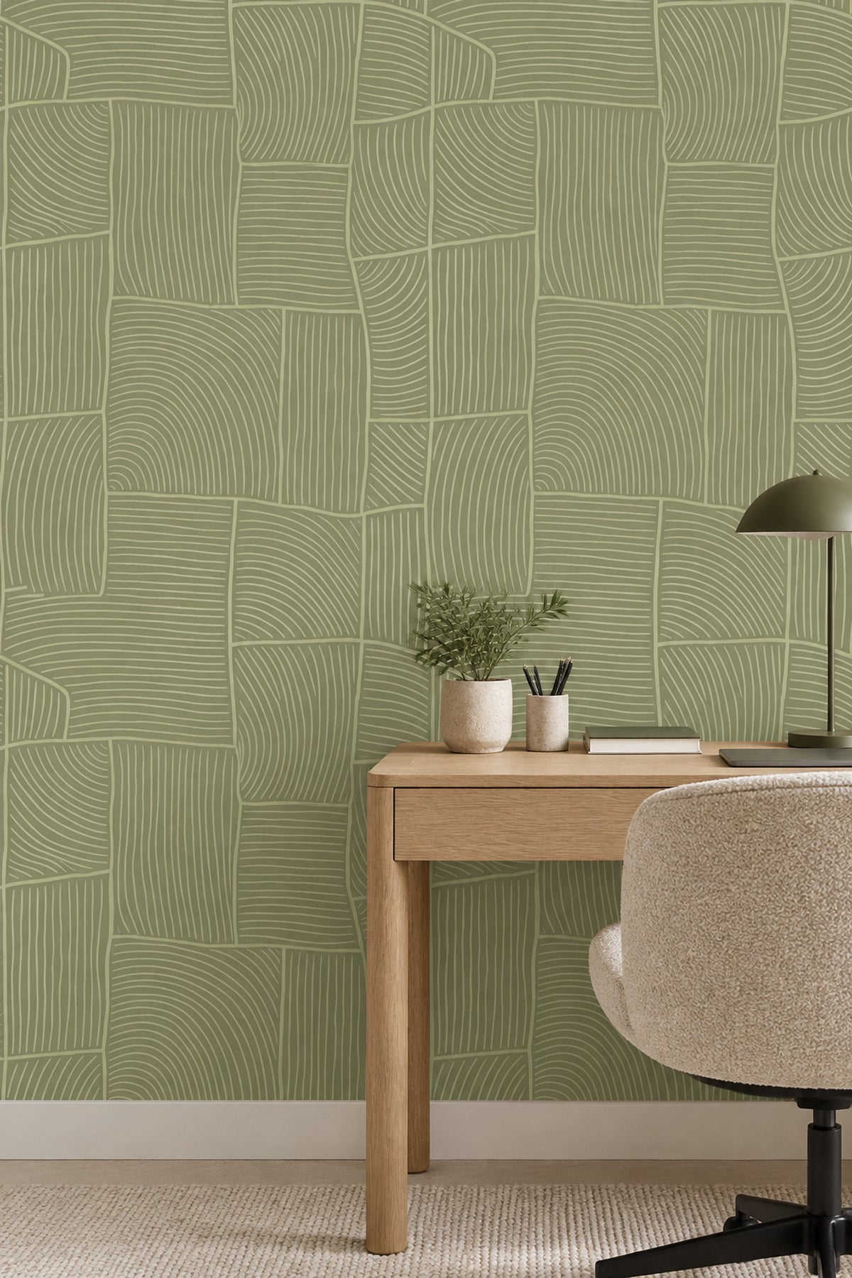 Geometrik Çizgili Duvar Kağıdı Zeytin Yeşili Modern Salon