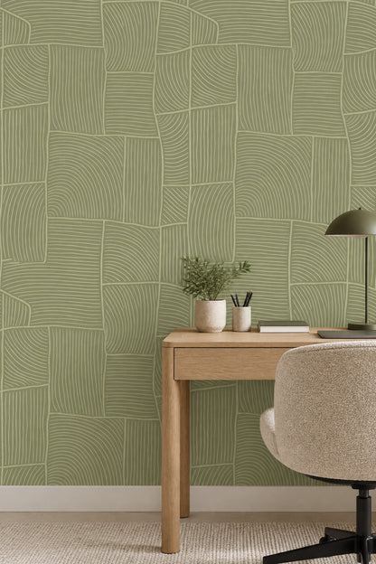 Geometrik Çizgili Duvar Kağıdı Zeytin Yeşili Modern Salon