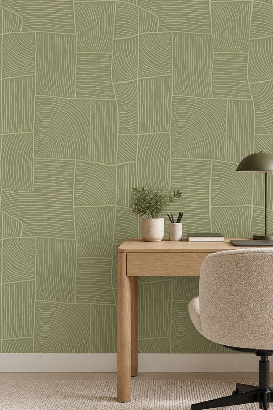 Geometrik Çizgili Duvar Kağıdı Zeytin Yeşili Modern Salon