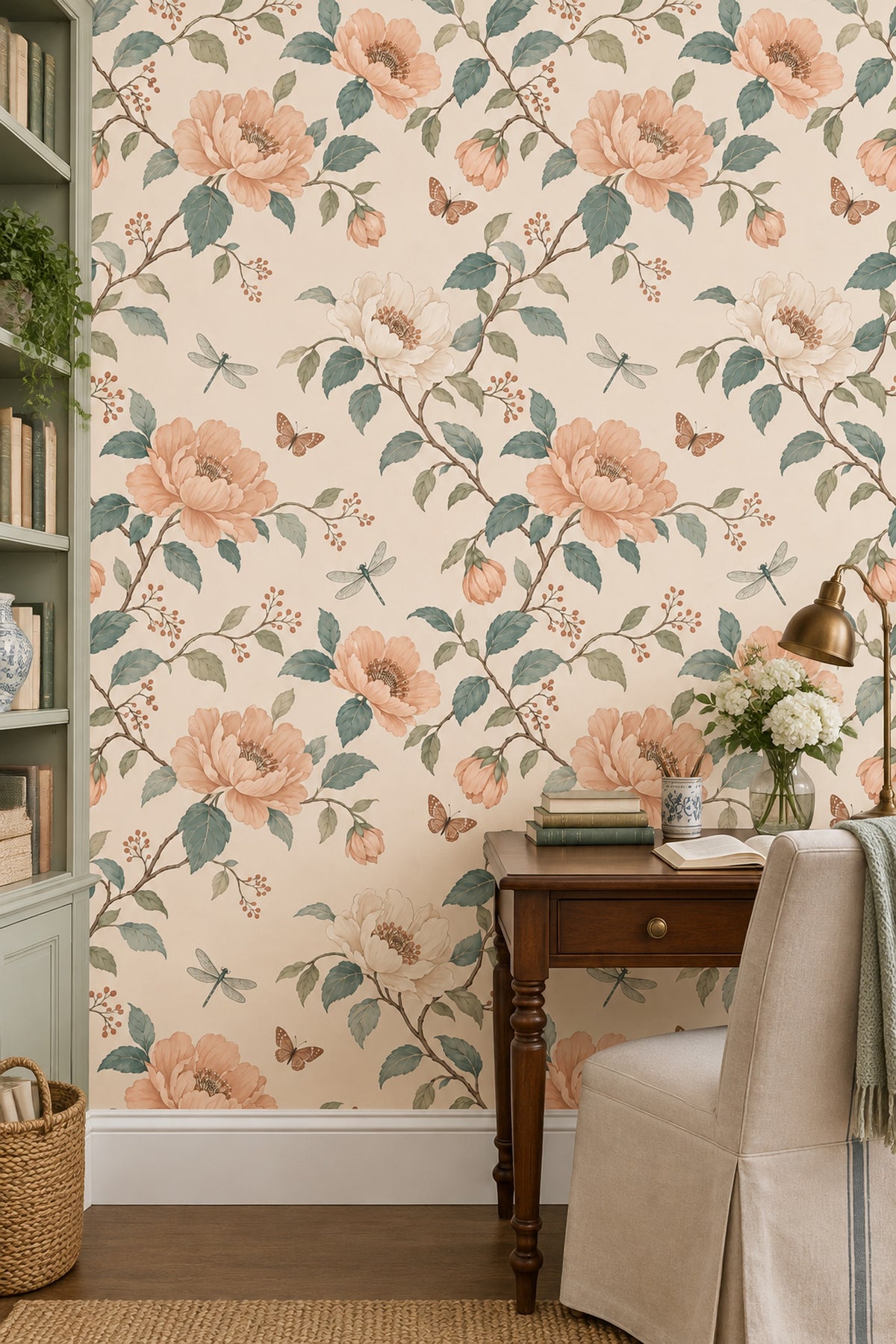 Romantik Çiçekli Duvar Kağıdı Somon Çiçek Desenli Duvar