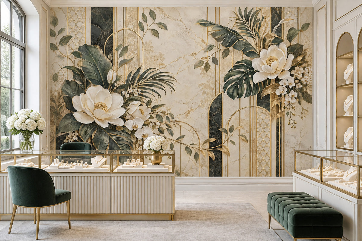 Beyaz Çiçekli Poster Duvar Kağıdı Bej Altın Salon Duvarı