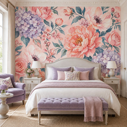 Pastel Çiçekli Poster Duvar Kağıdı Pembe Mor Bebek Odası