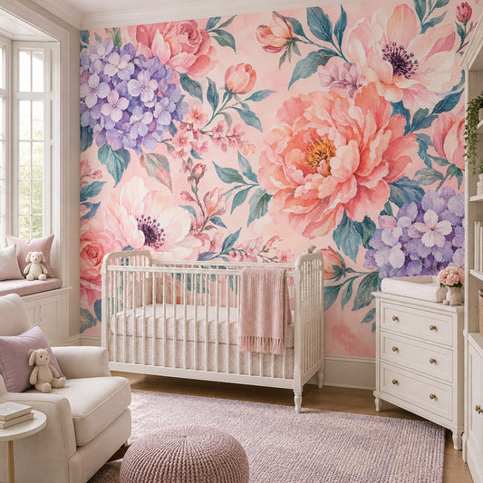Pastel Çiçekli Poster Duvar Kağıdı Pembe Mor Bebek Odası