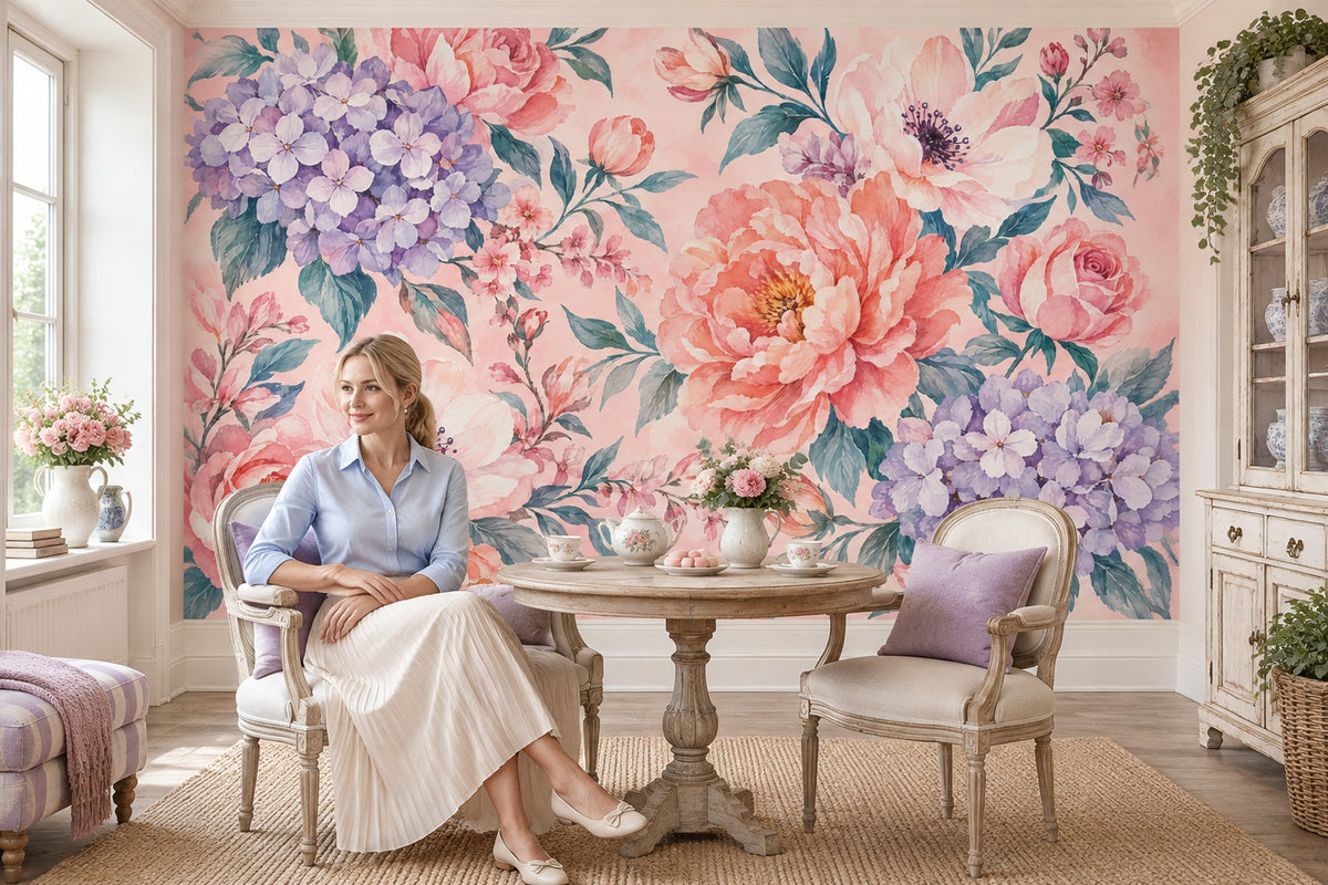 Pastel Çiçekli Poster Duvar Kağıdı Pembe Mor Bebek Odası