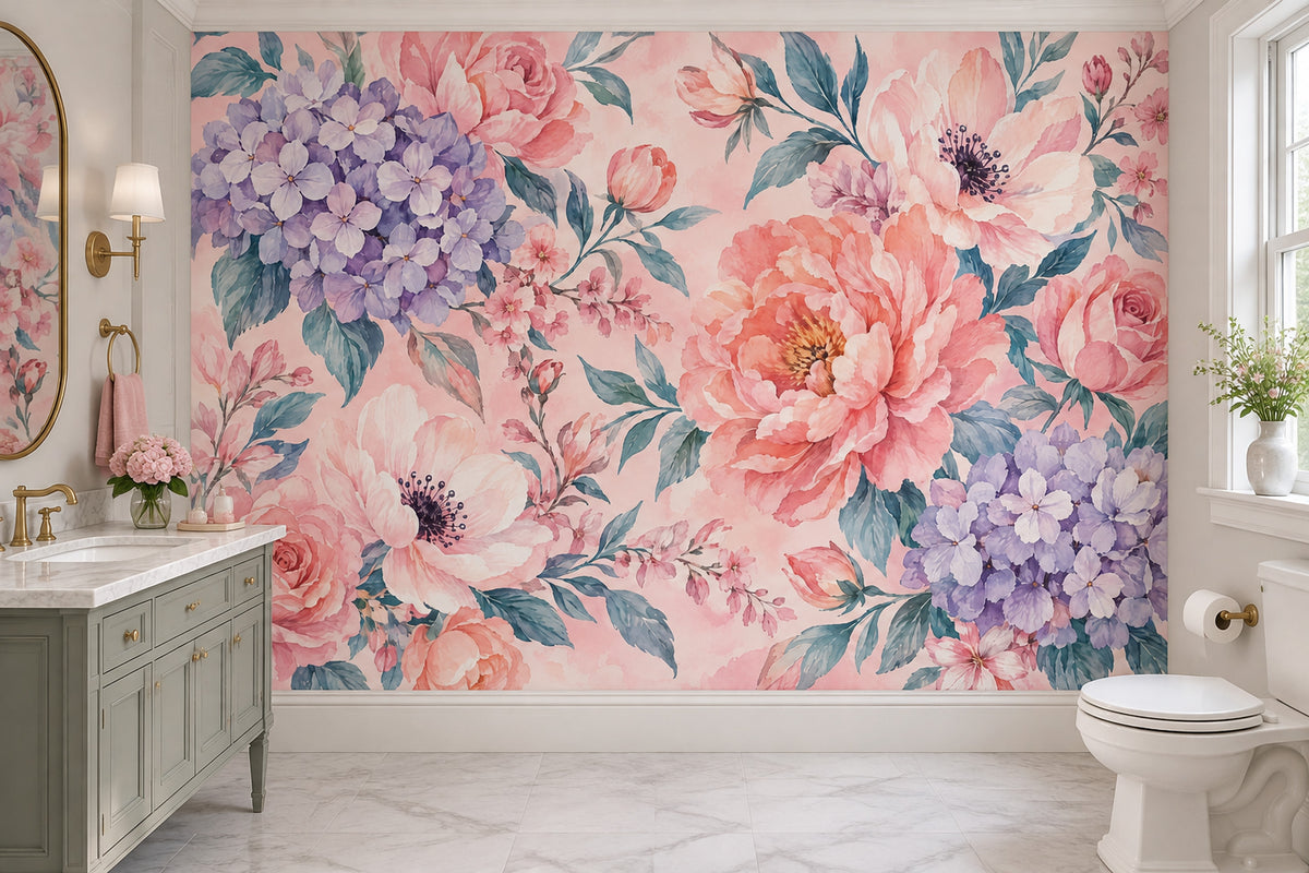 Pastel Çiçekli Poster Duvar Kağıdı Pembe Mor Bebek Odası