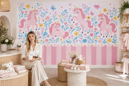 Unicornlu Çocuk Odası Poster Duvar Kağıdı Pembe Mavi Çiçekli