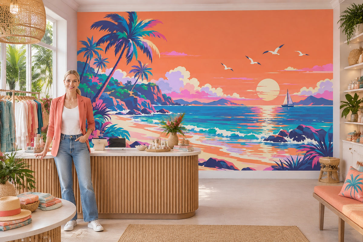 Tropikal Gün Batımı Poster Duvar Kağıdı Turuncu Deniz Manzarası