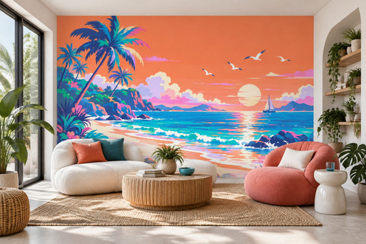 Tropikal Gün Batımı Poster Duvar Kağıdı Turuncu Deniz Manzarası