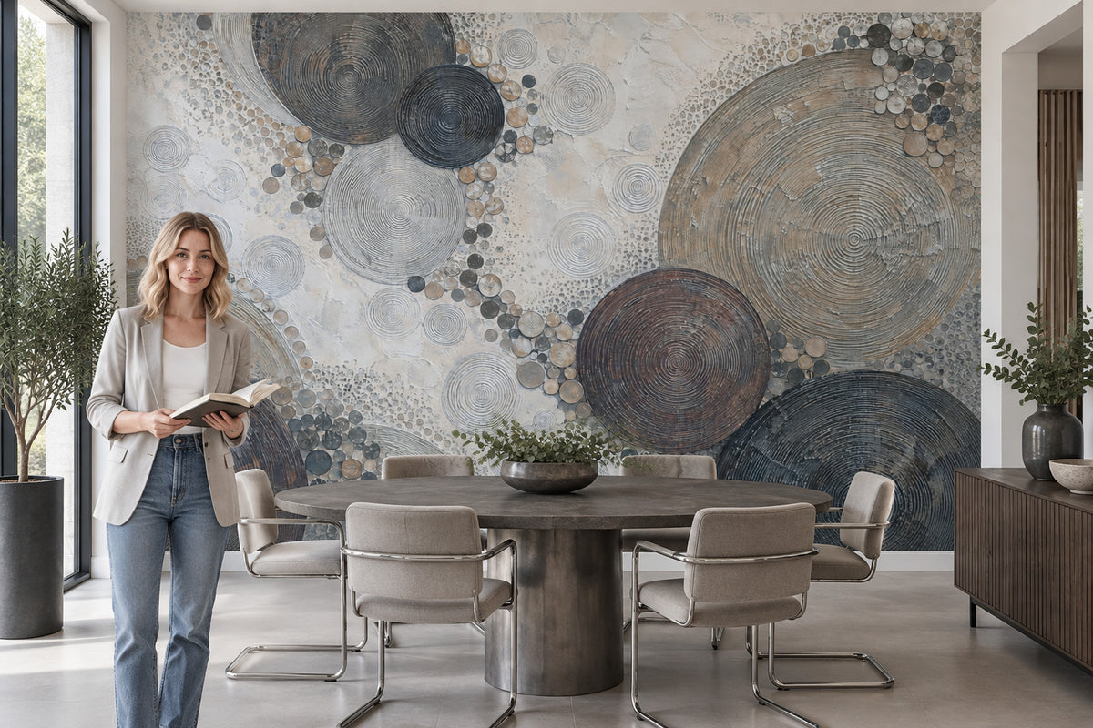 Soyut Daire Desenli Poster Duvar Kağıdı Gri Bej Salon