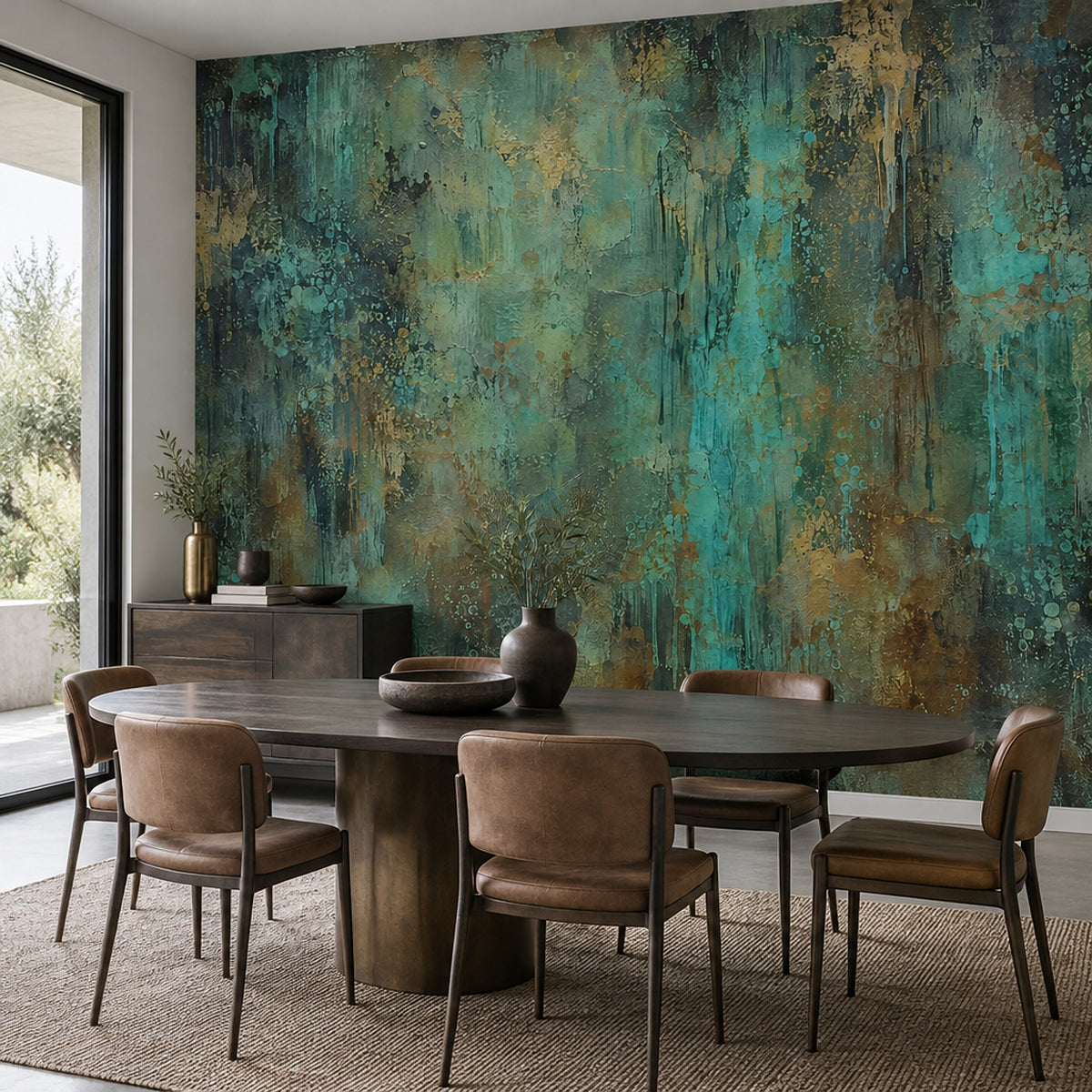Soyut Boya Efektli Poster Duvar Kağıdı Turkuaz Altın Salon